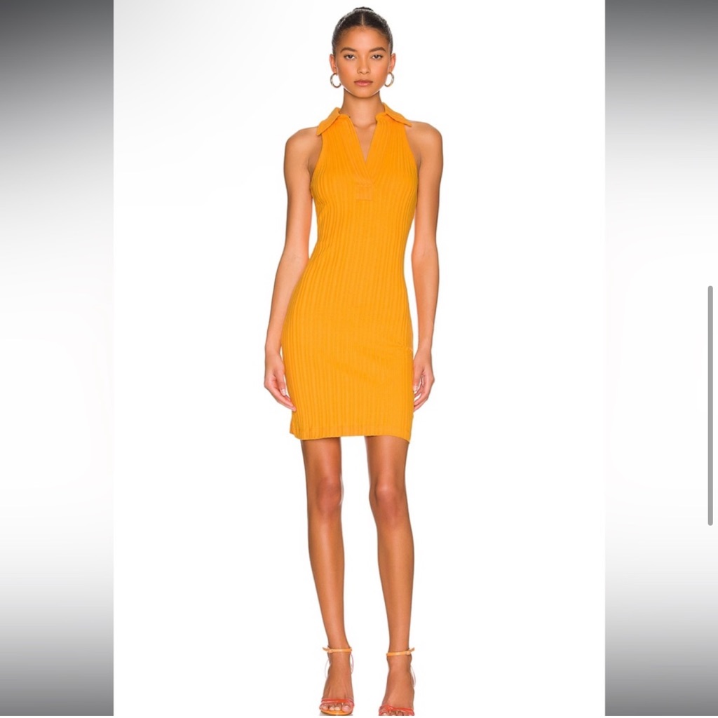 Helmut Lang Polo Ribbed Knit V Neck Sleeveless Yellow Mini Dress Size Large